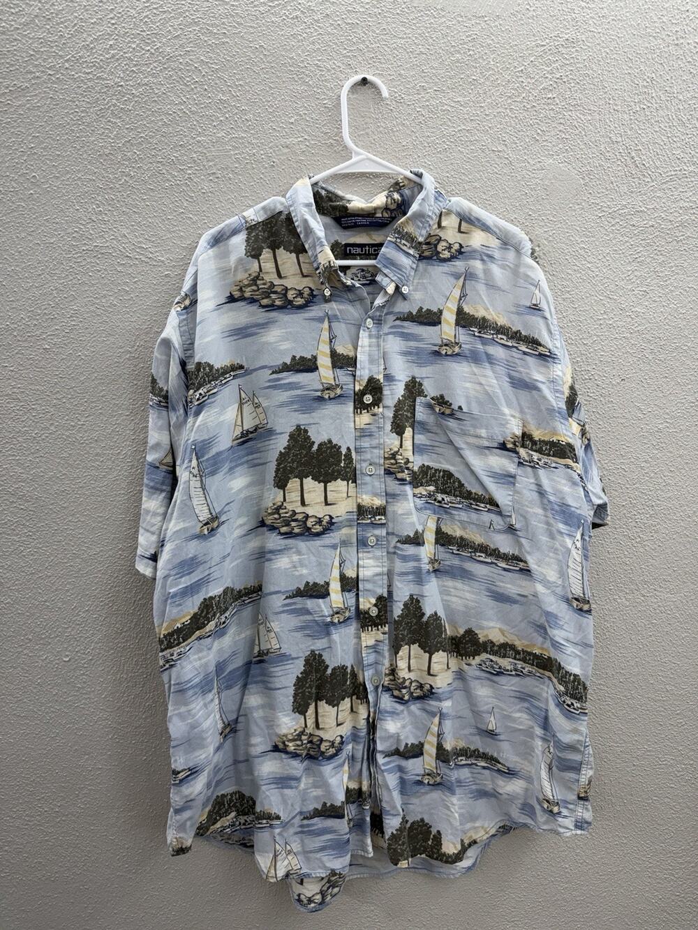 Nautica Mens Shirt Size XXL Blue Short Sleeve Button Up Sailboat